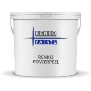 RENKO POWERPEEL is een makkelijk verwijderbare verf, naar keuze wit of transparant, aan te brengen met borstel of airless. Dit product kan ter bescherming van ramen en deuren bij bijvoorbeeld een hydrofuge gebruikt worden.
